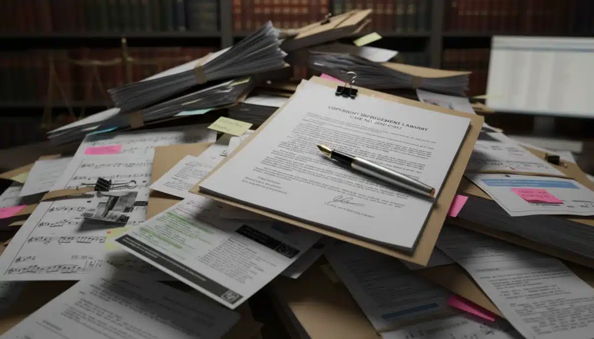 Documents juridiques et contrats empilés, symbolisant la complexité de l'affaire de plagiat.