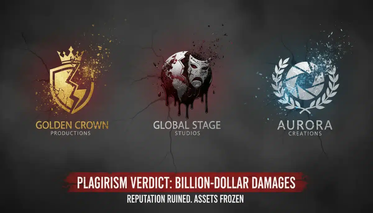 Logos de maisons de production fissurés, illustrant l'impact du verdict de plagiat.