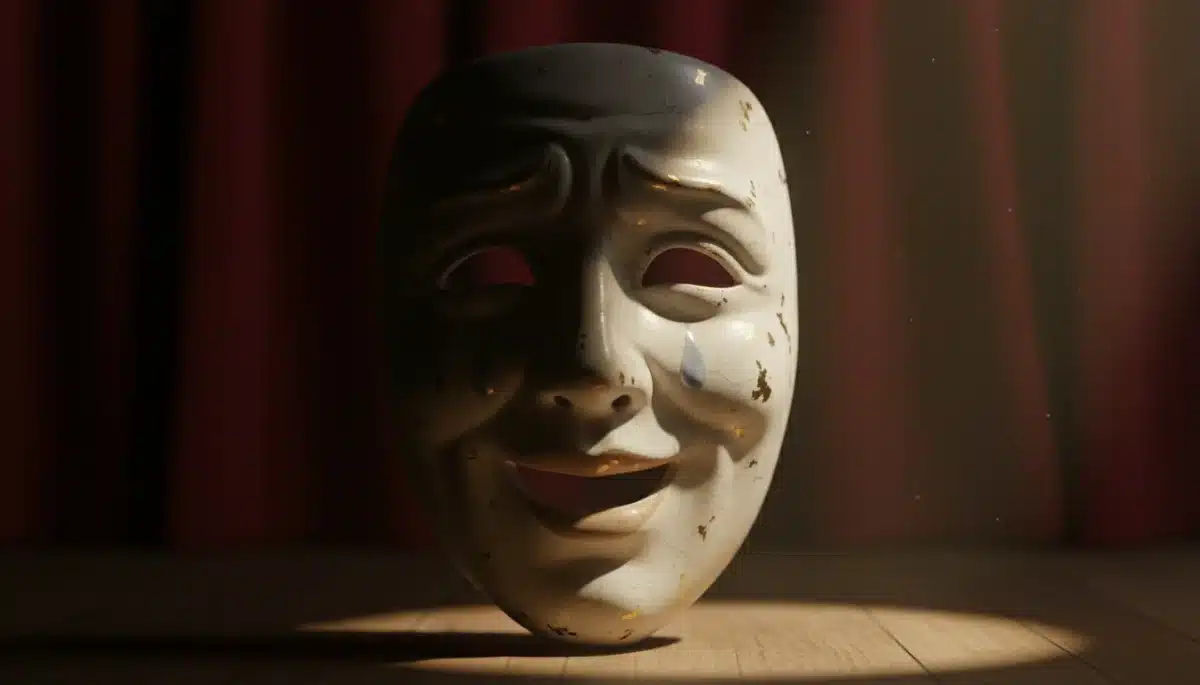 Masque théâtral éclairé, symbolisant la profondeur dramatique