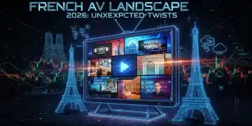 Écran de télévision futuriste montrant l'évolution du paysage audiovisuel français d'ici 2026.