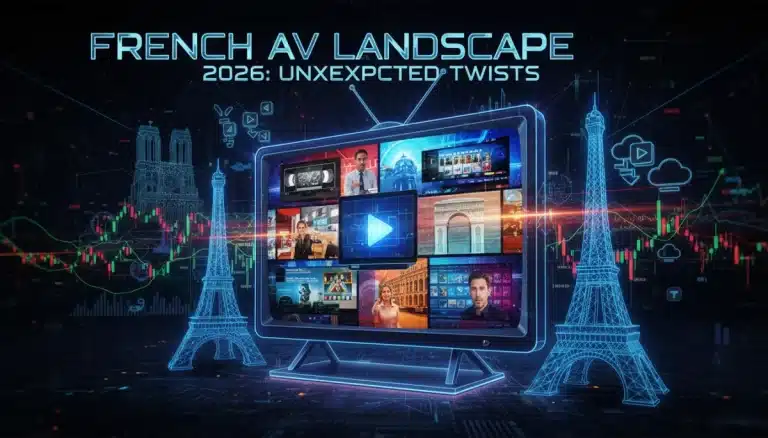 Écran de télévision futuriste montrant l'évolution du paysage audiovisuel français d'ici 2026.