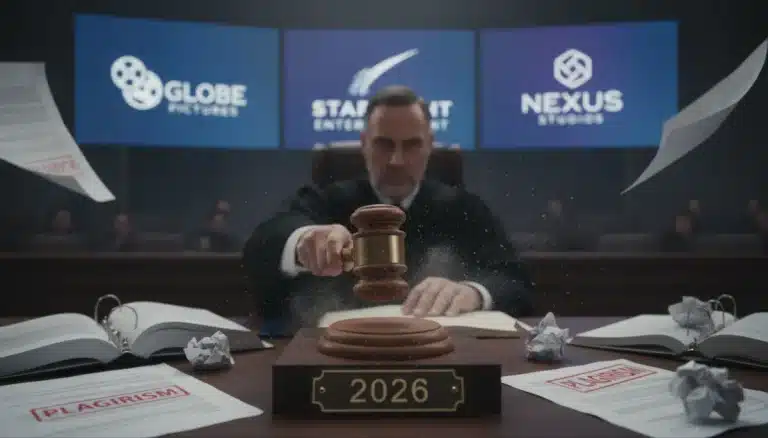 Scène de tribunal dramatique symbolisant le verdict de l'affaire de plagiat de 2026.