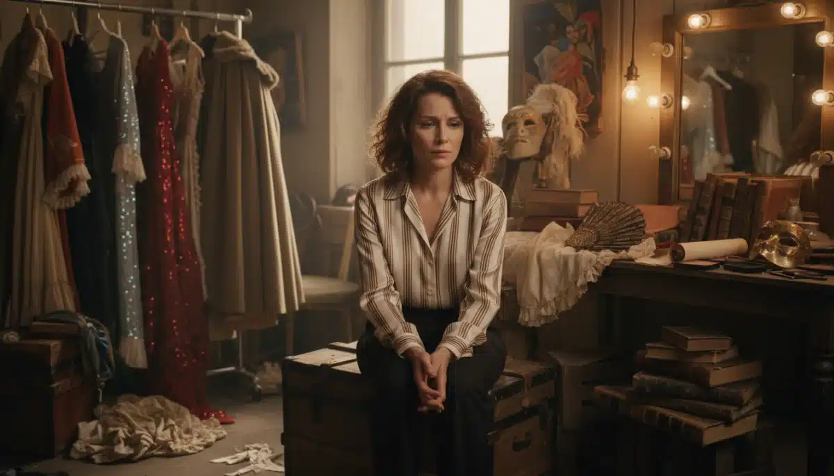 Actrice française en coulisses, l'air pensif, reflétant la charge émotionnelle de son métier et le coût humain du succès.