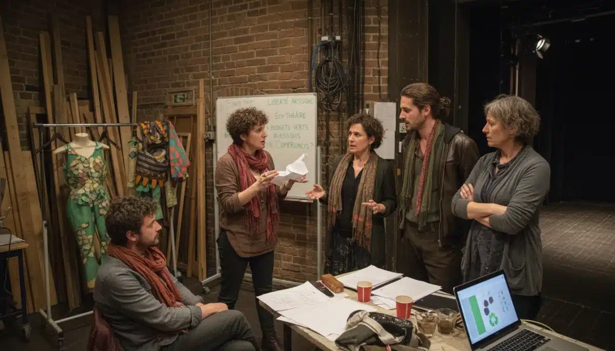 Artistes de théâtre en discussion passionnée en coulisses, évoquant les enjeux de la liberté artistique.