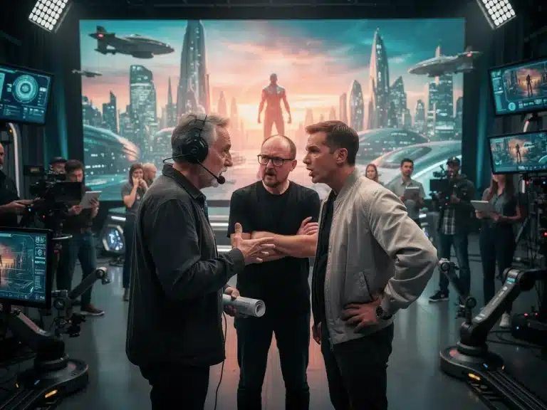 Trois réalisateurs de renom en plein désaccord sur le plateau d'un projet cinématographique de 2026, reflétant un clash intense.