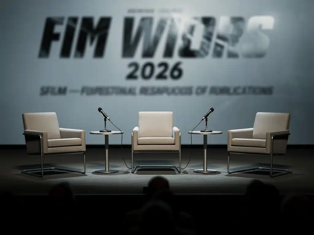 Scène de conférence de presse vide pour un projet de film 2026, symbolisant l'absence des réalisateurs suite à un clash.