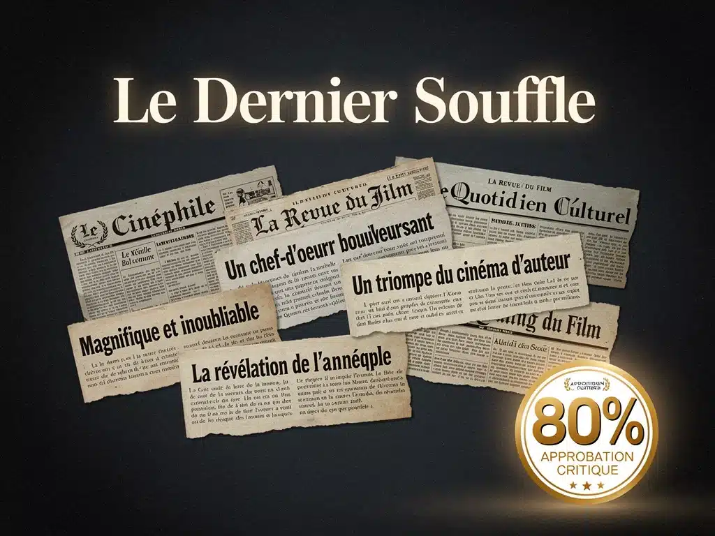 Montage de critiques élogieuses et titres de presse pour "Le Dernier Souffle"
