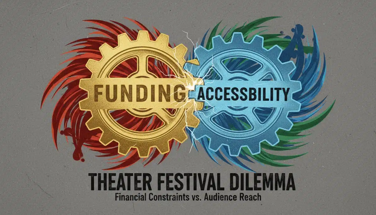 Représentation graphique d'engrenages 'Financement' et 'Accessibilité', symbolisant les tensions des festivals.