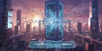 Illustration numérique d'une fuite de données massive exposant des scénarios inédits pour l'été 2026, avec des informations se dispersant sur un paysage urbain futuriste.