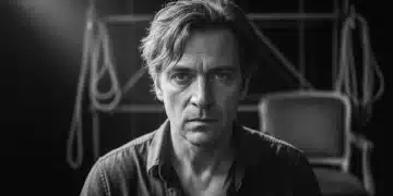 Portrait dramatique d'un acteur français, l'expression du visage marquée par la pression et la fatigue, symbolisant le coût humain du succès.