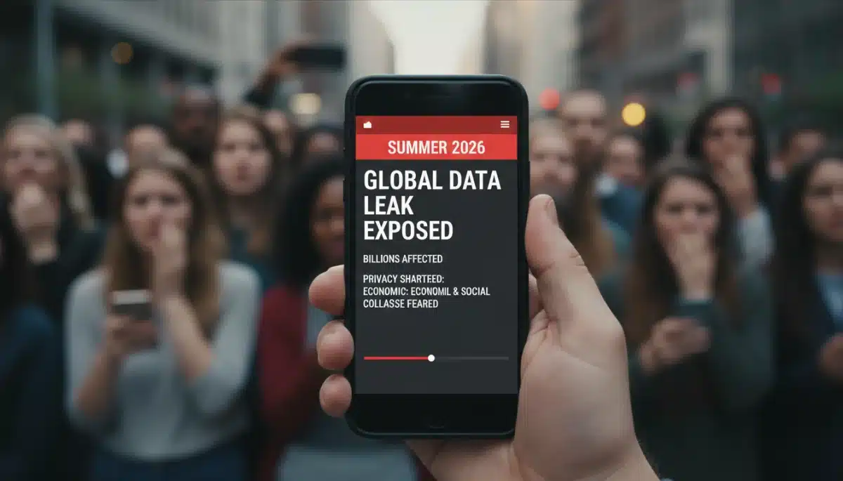 Main tenant un smartphone affichant des gros titres sur la fuite de données et ses conséquences, avec un public préoccupé en arrière-plan, soulignant la réaction publique aux révélations de l'été 2026.
