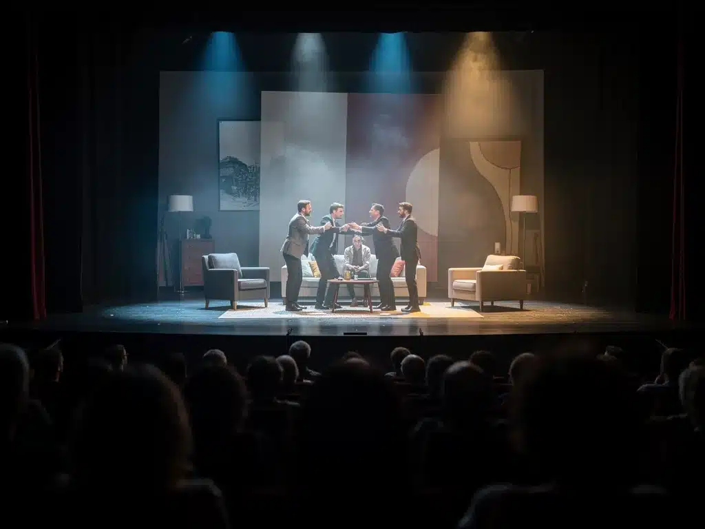 Scène de théâtre français contemporain avec éclairage dramatique et acteurs en pleine action.