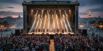 Scène de théâtre avec des lumières vives, public diversifié, symbolisant les défis des festivals en France.
