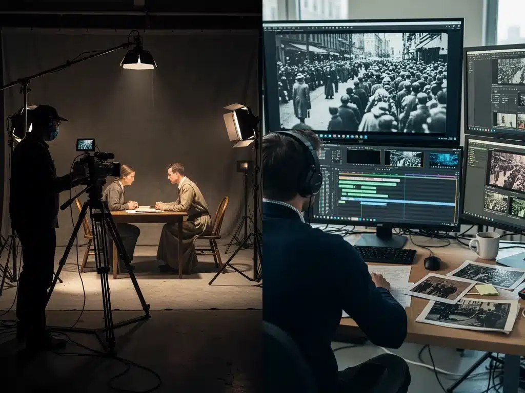 Scènes de tournage de deux documentaires dramatiques, illustrant les œuvres concernées par la décision judiciaire.