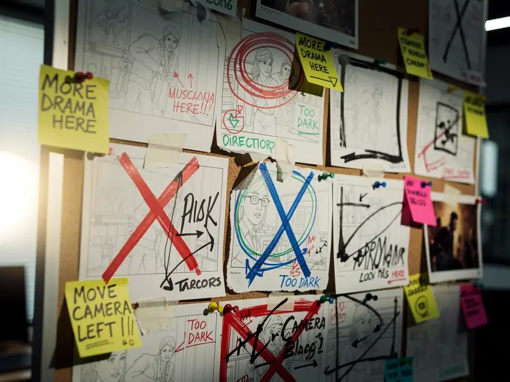 Storyboard détaillé d'un projet de film 2026, illustrant des visions artistiques contradictoires et le clash entre les réalisateurs.