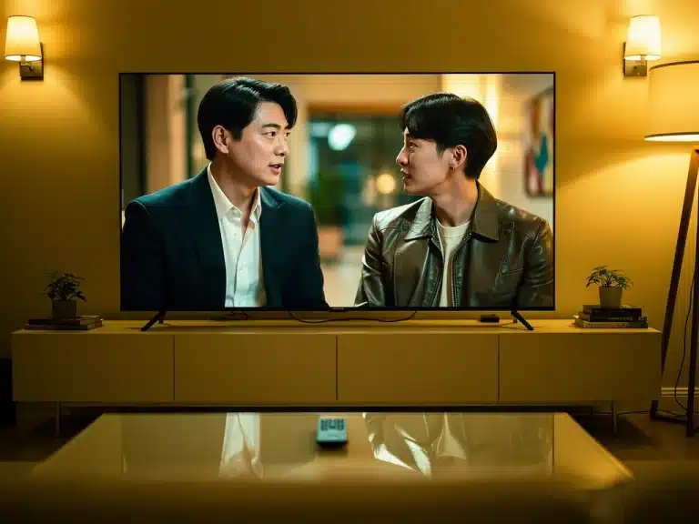 Vibrant 4K K-Drama scene on a modern TV, highlighting superior streaming quality.