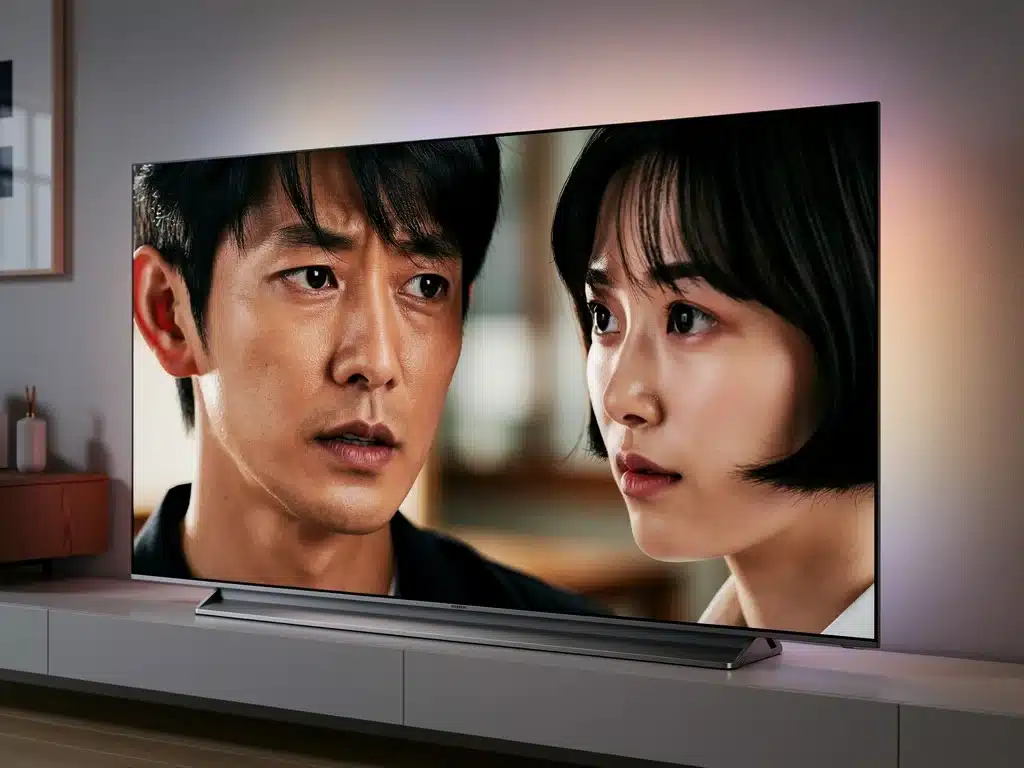 High-end 8K TV displaying detailed dorama with ambient lighting