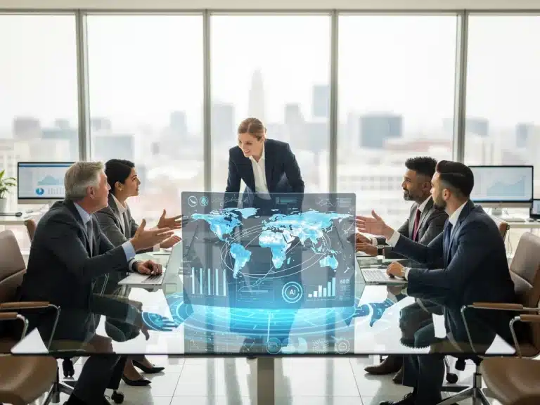 Professionals collaborating using AI for content localization in the US market