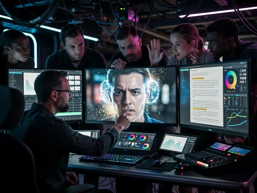 Film crew using AI tools on a futuristic set for character rendering and script analysis