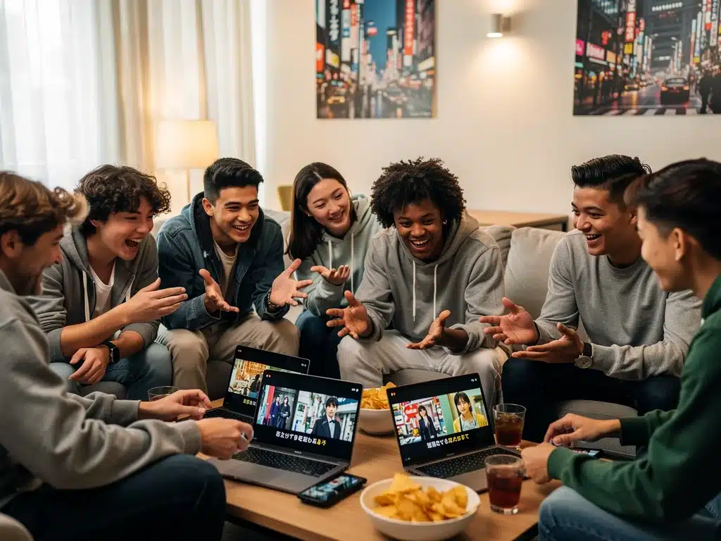 Diverse American audience engaging with and discussing Japanese dramas.