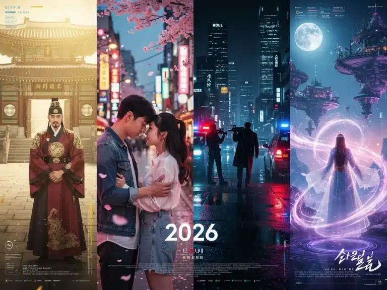 Dynamic collage of anticipated K-dramas for 2026, showcasing various genres and futuristic elements.