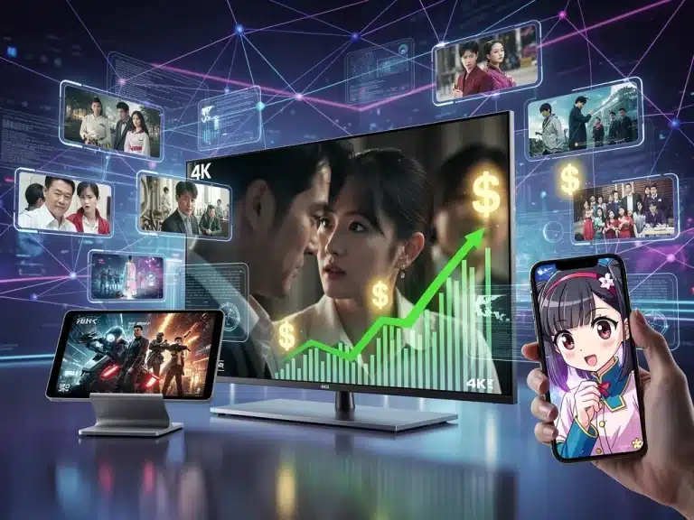 Diverse Asian content on streaming devices with financial growth charts