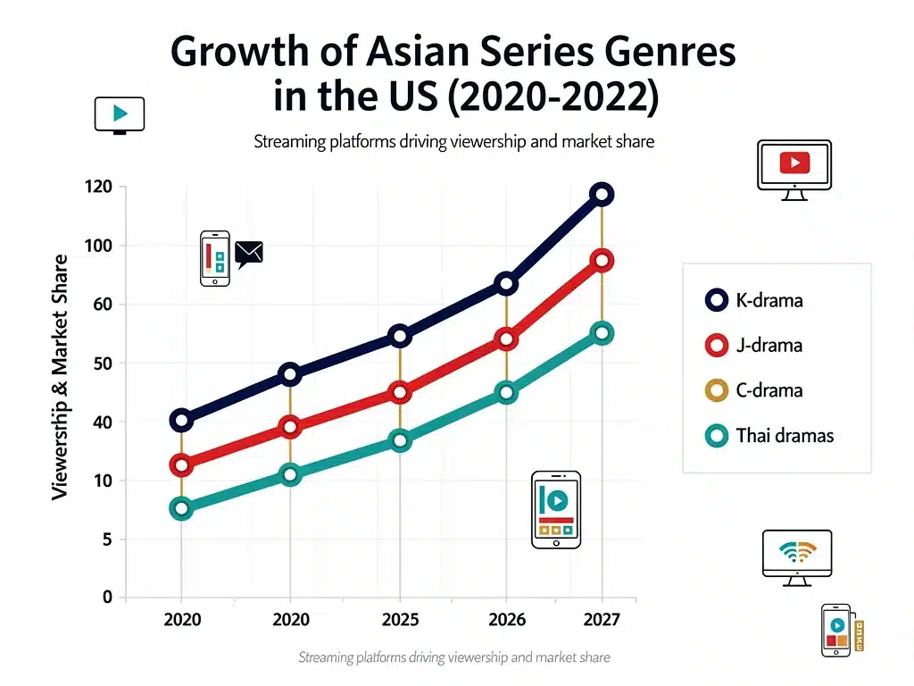 Infographic showing projected growth of various Asian series genres in the US market by 2027.
