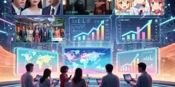 Futuristic digital art showing US audience engaging with various Asian series, symbolizing 2027 market trends.