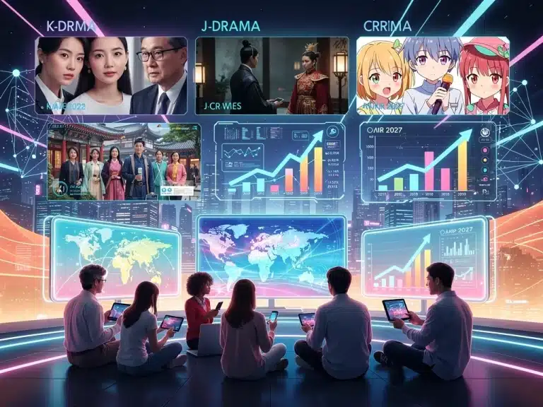 Futuristic digital art showing US audience engaging with various Asian series, symbolizing 2027 market trends.
