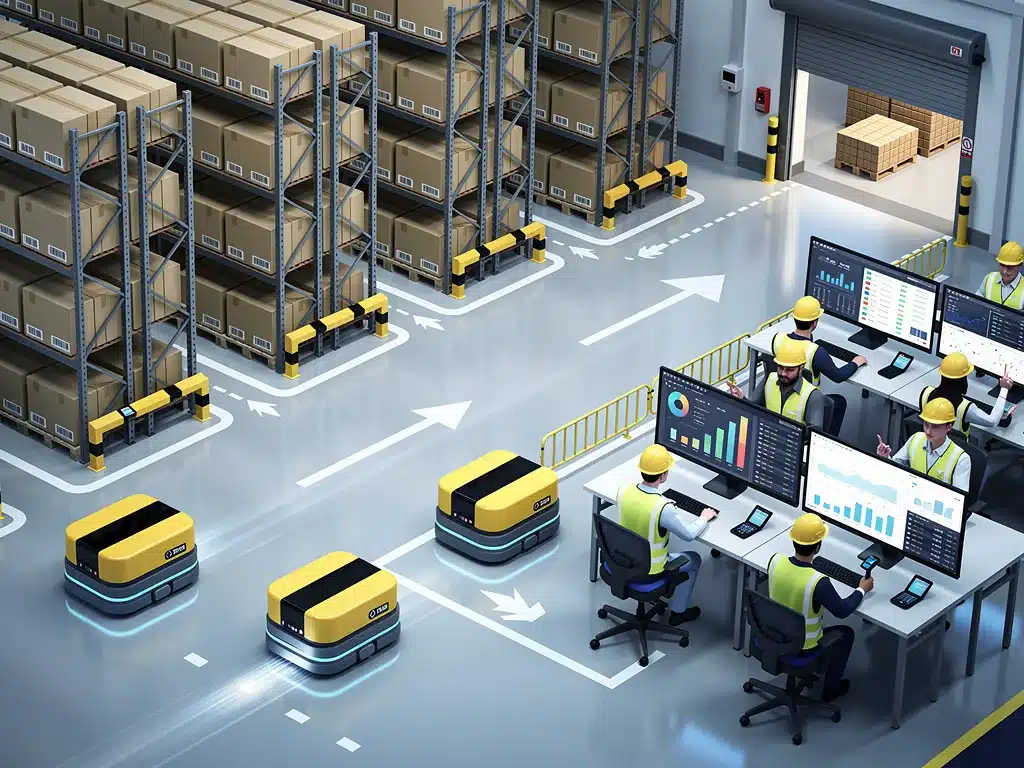 Automated warehouse operations with AGVs and real-time data analytics.