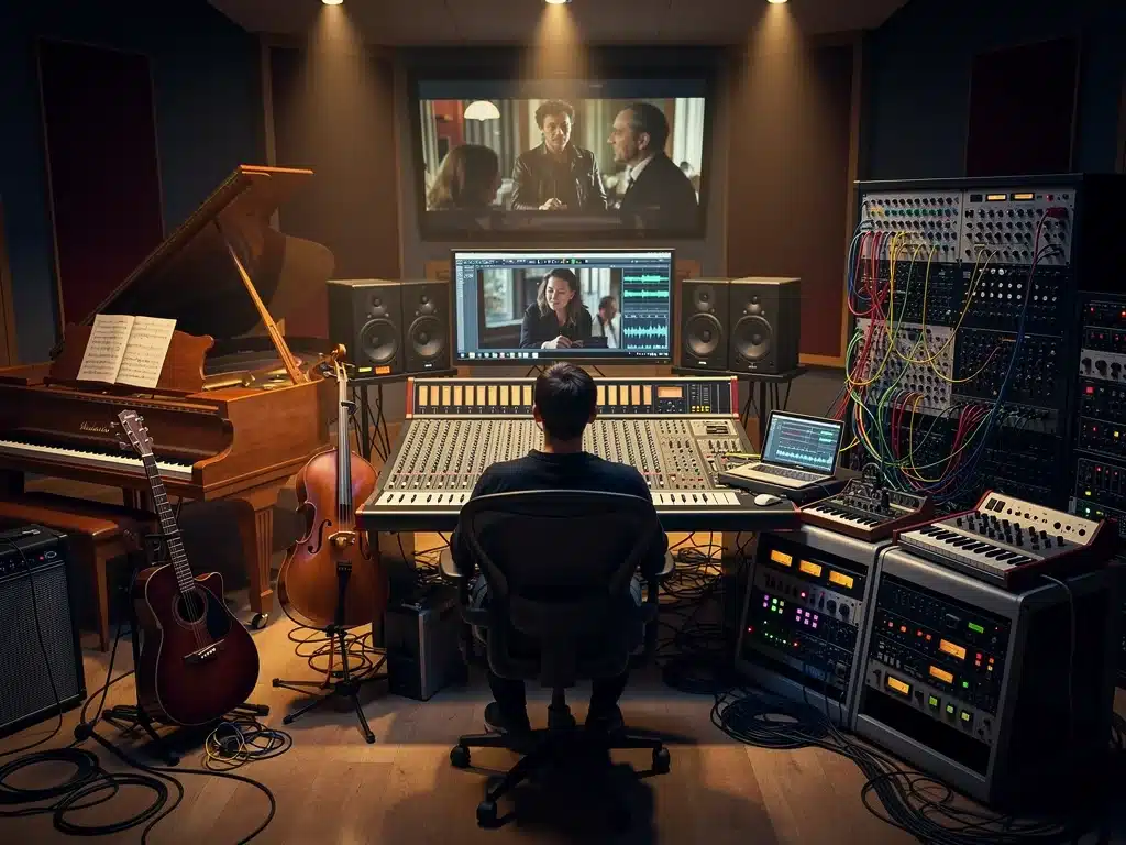 Musician blending traditional and electronic instruments for innovative drama scores.