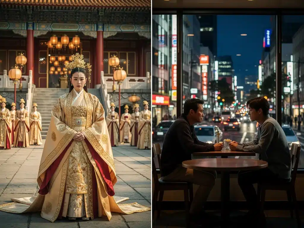 C-Drama historical epic and modern J-Drama scene side-by-side.