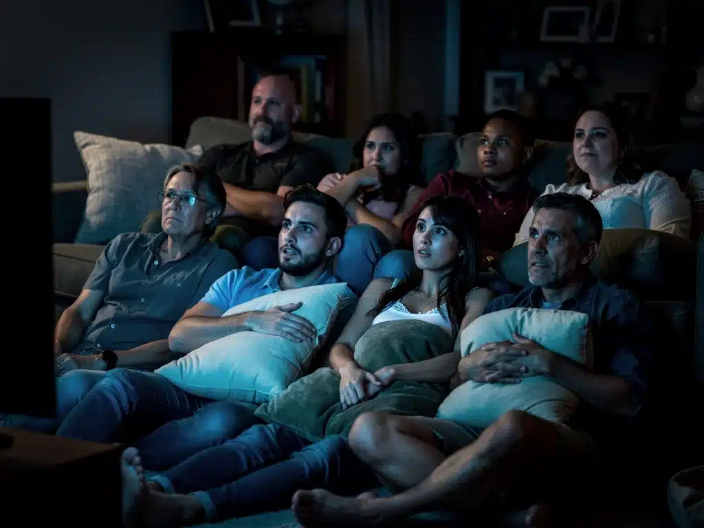 Audience captivated by a television screen, eagerly awaiting the resolution of a drama's cliffhanger.