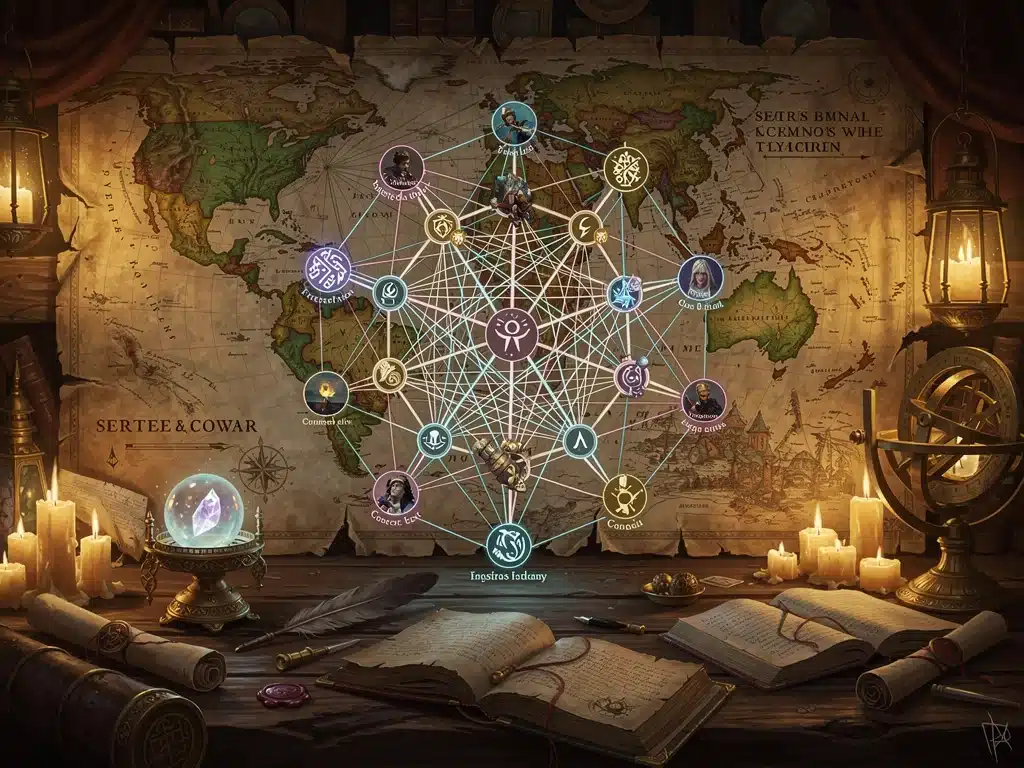 Intricate narrative web symbolizing complex plotlines and character relationships in fantasy dramas.