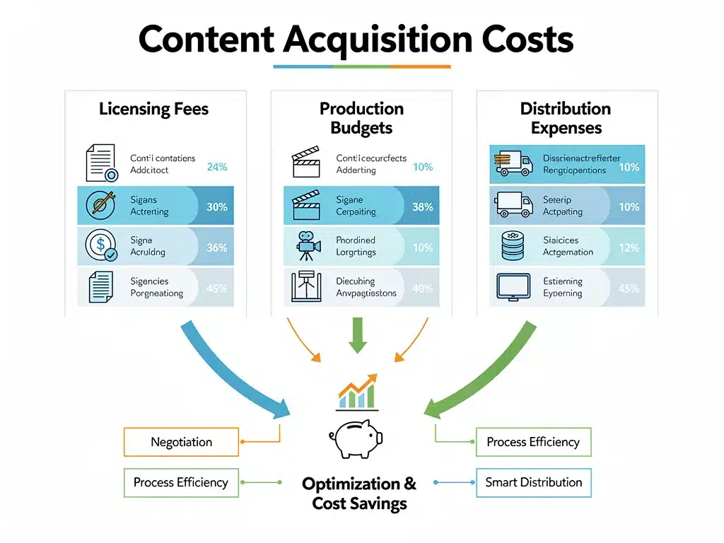 Infographic detailing content acquisition cost components and optimization areas.