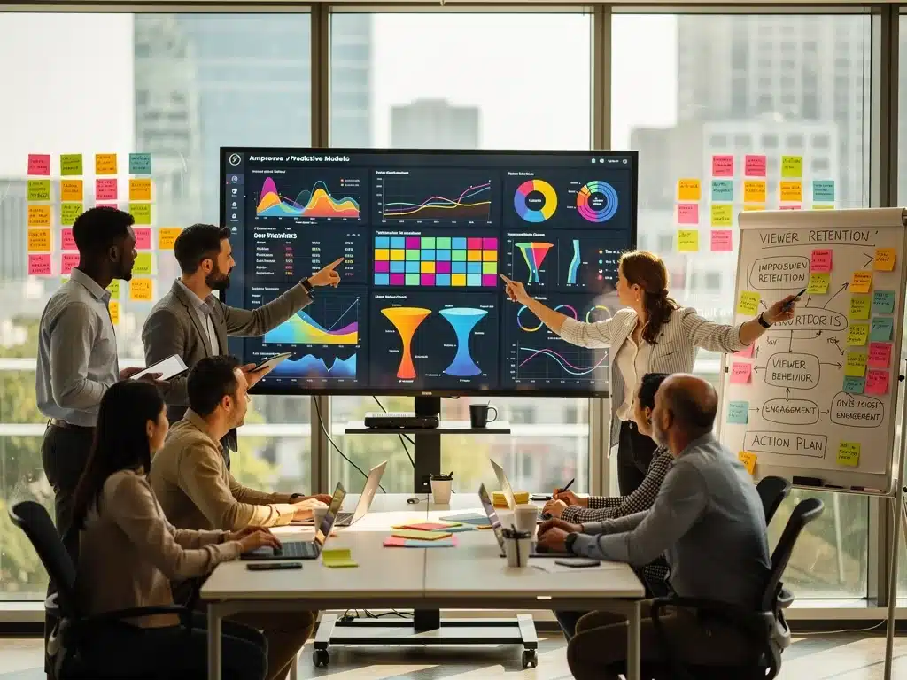 Data analytics team collaborating on viewer retention strategies