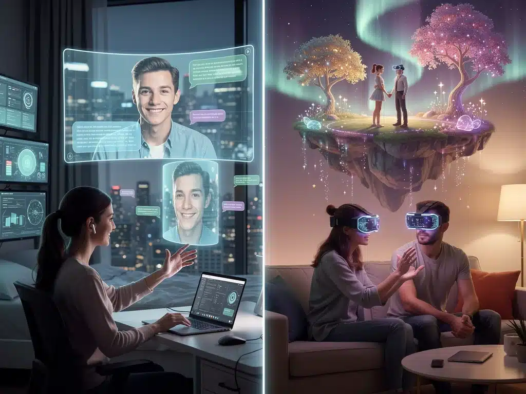 Digital destiny romance, couple interacting through long-distance technology and virtual reality.