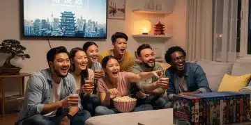 Diverse US audience enjoying Asian entertainment on a large screen