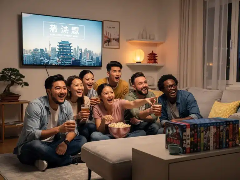Diverse US audience enjoying Asian entertainment on a large screen
