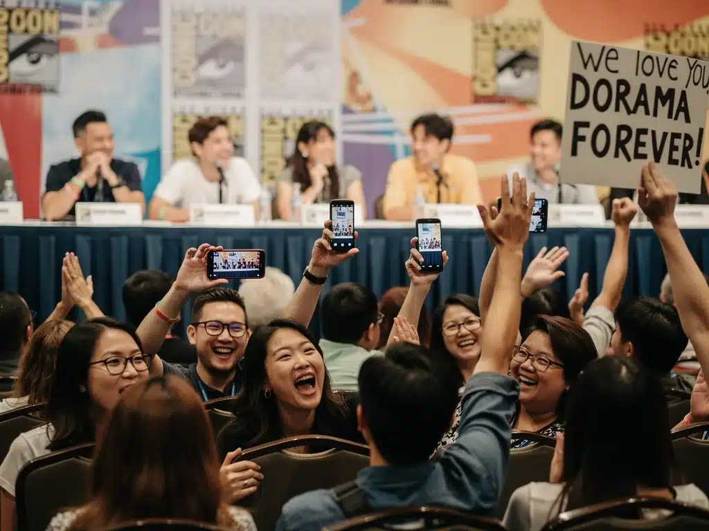 Fans engaging with dorama actors during a live Q&A panel at a convention.