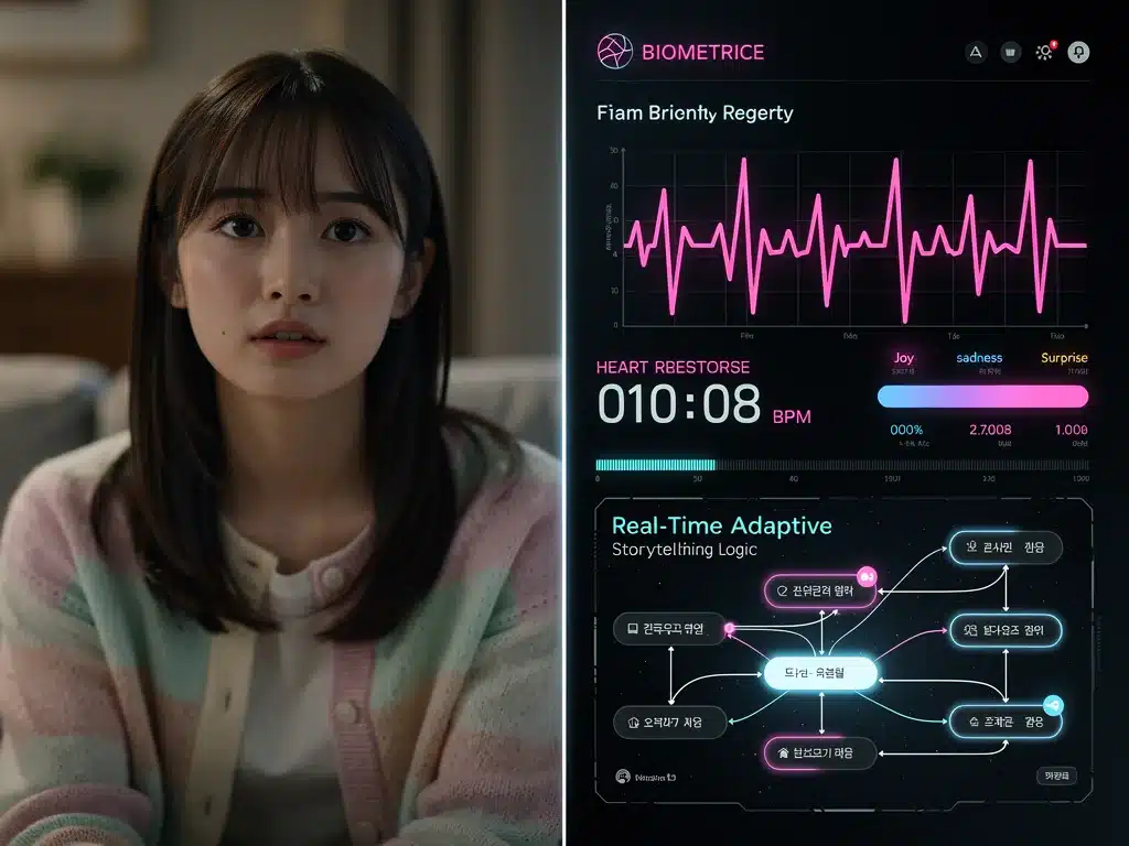 Split-screen showing dorama character and fan biometric feedback