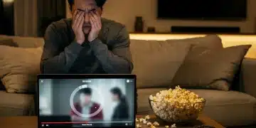 Frustrated dorama viewer experiencing buffering on laptop