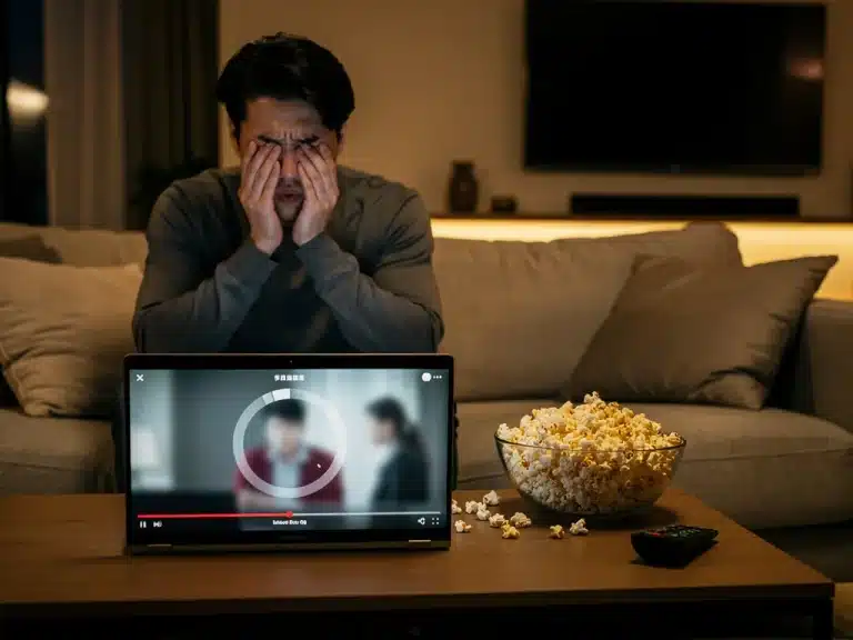 Frustrated dorama viewer experiencing buffering on laptop