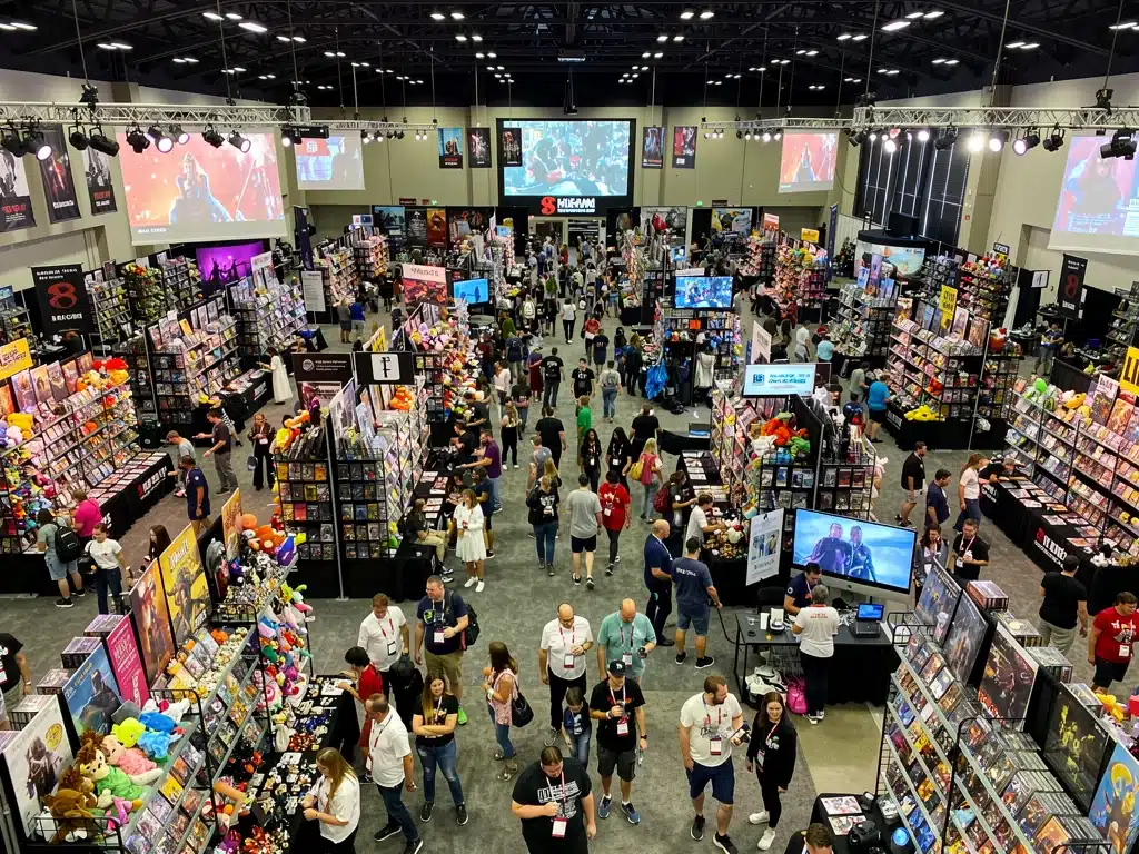Overview of a dorama convention exhibition hall with vendor booths and fan activities.