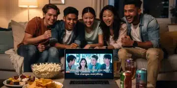 Group of friends watching dorama with fan translations