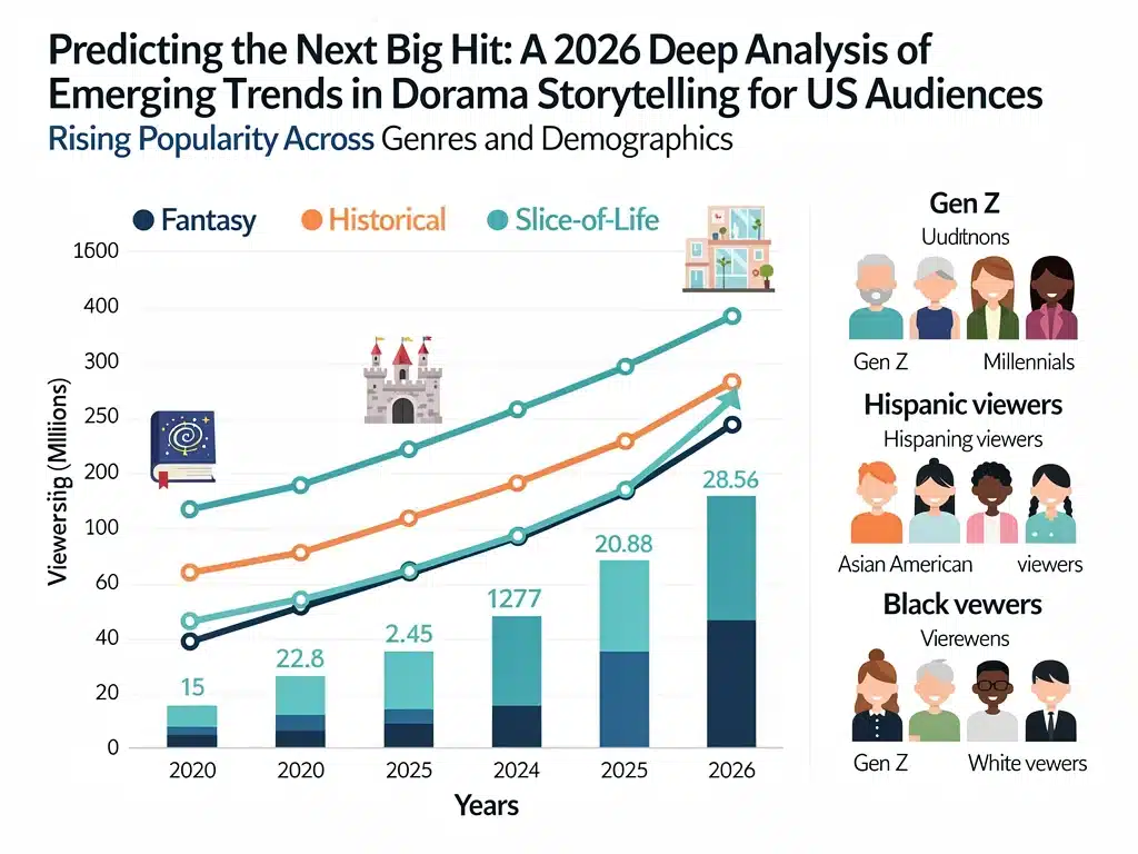 Infographic showing growth of dorama genres and diverse viewership in the US.