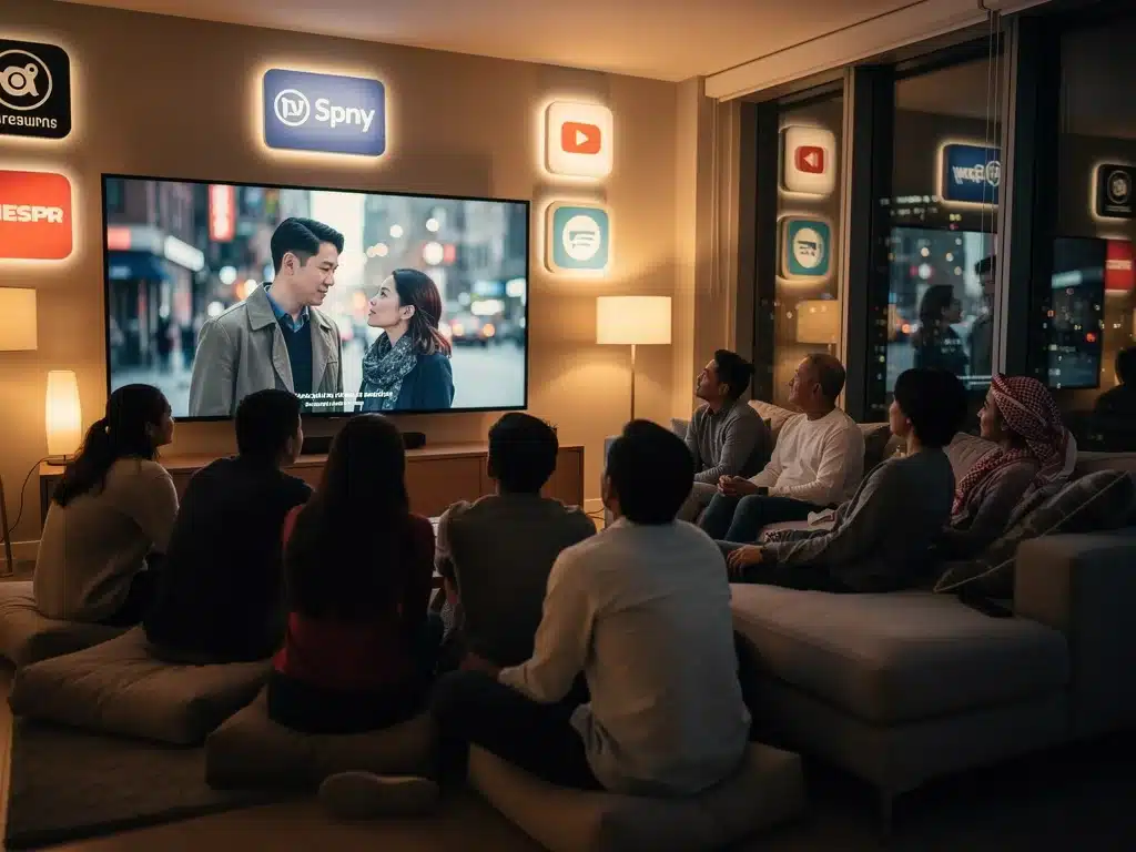 Diverse audience enjoying dorama on screen, streaming logos in background, depicting global dorama consumption.