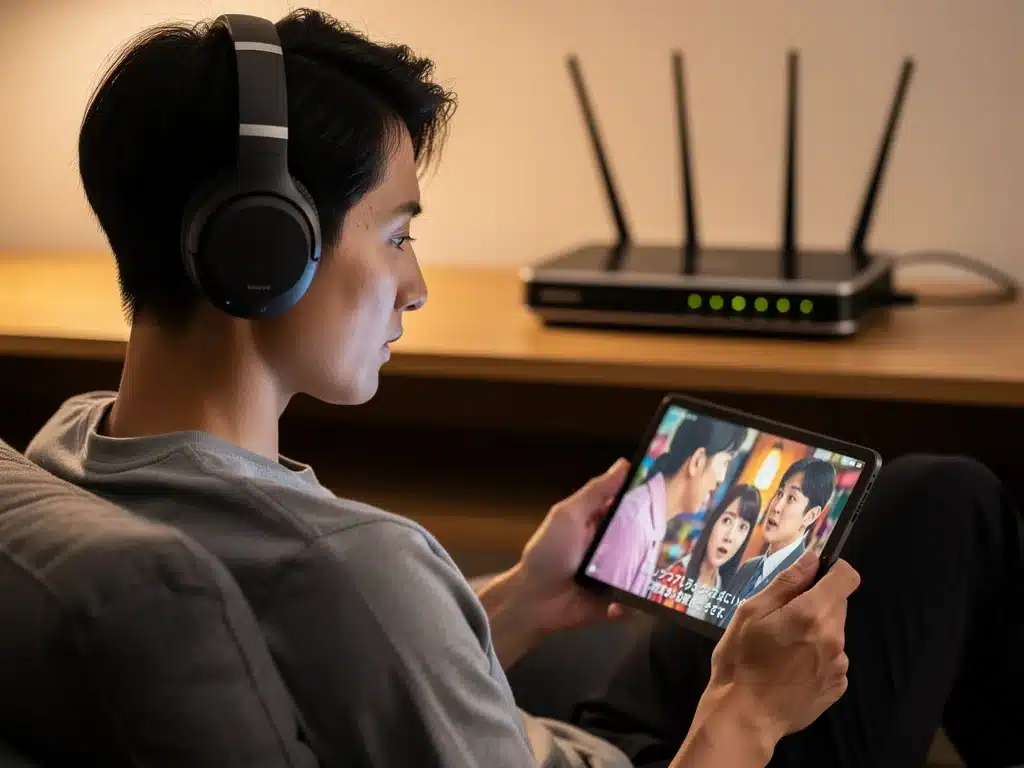 Person watching dorama with wireless headphones and fast Wi-Fi