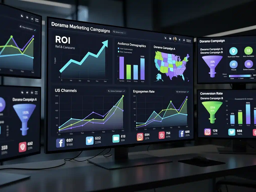 Data analytics dashboard showing ROI and engagement for dorama marketing campaigns.