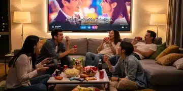 Friends enjoying dorama streaming on a large screen in a cozy living room, optimized for 2026.
